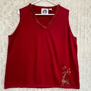 Storybook Knits Christmas Red Prancing Reindeer Tank Shell Sz 2x V-neck Sequins